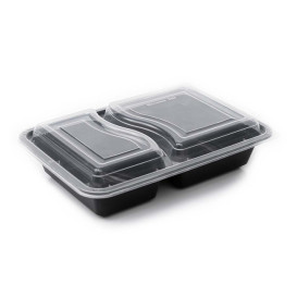 Contenitore in Plastica PP Nero 2S con Coperchio 690ml 22,3x18,1cm (50 Pezzi)