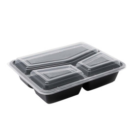Contenitore in Plastica PP Nero 3S con Coperchio 930ml 23x18,3cm (50 Pezzi)