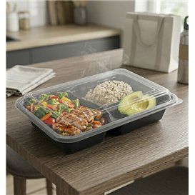 Contenitore in Plastica PP Nero 2 Scomp con Coperchio 690ml 22,3x15,4cm (300 Pezzi)
